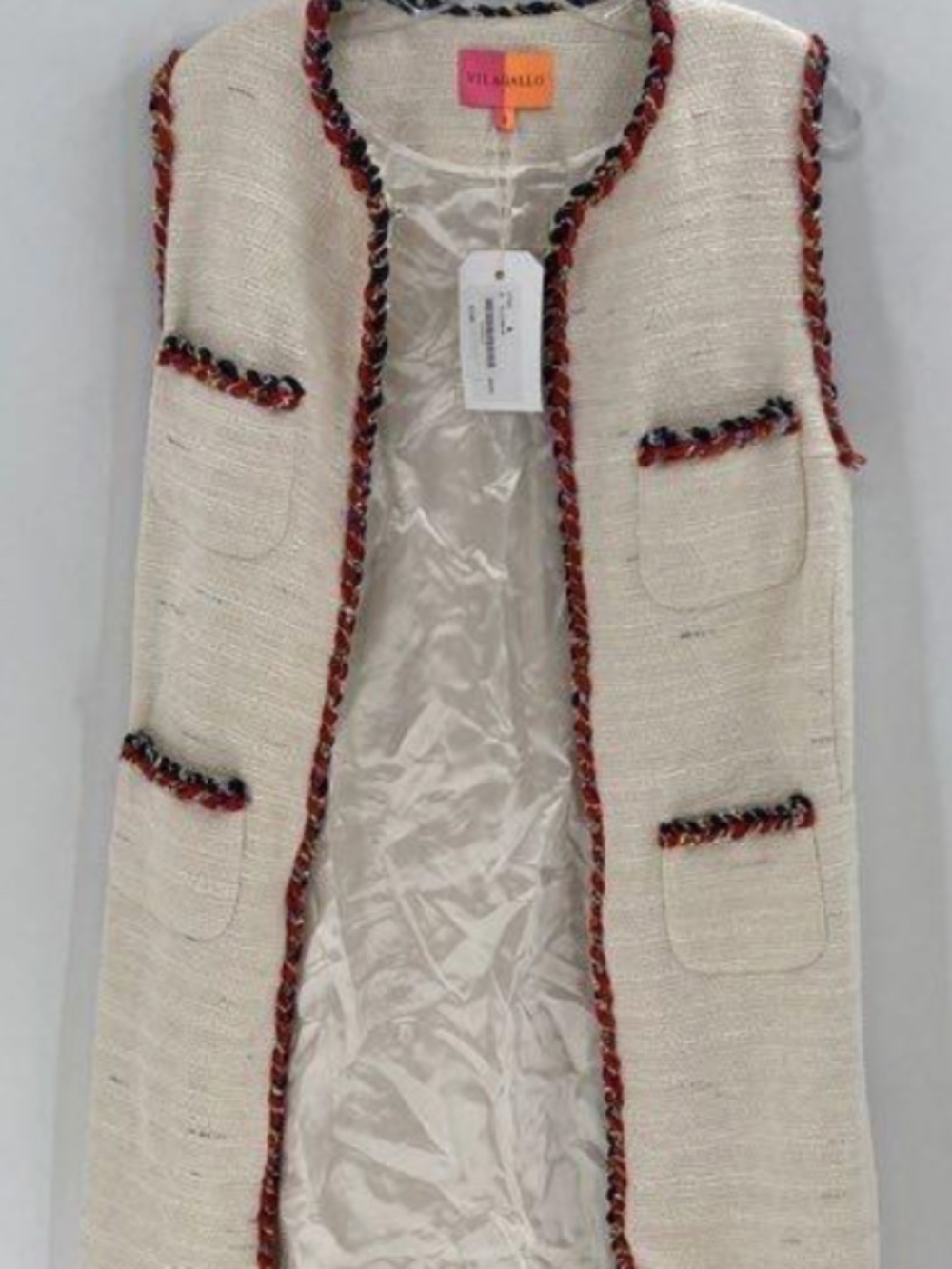 Vilagallo NWT open long cardigan / vest cream w/multi color cord detail - small